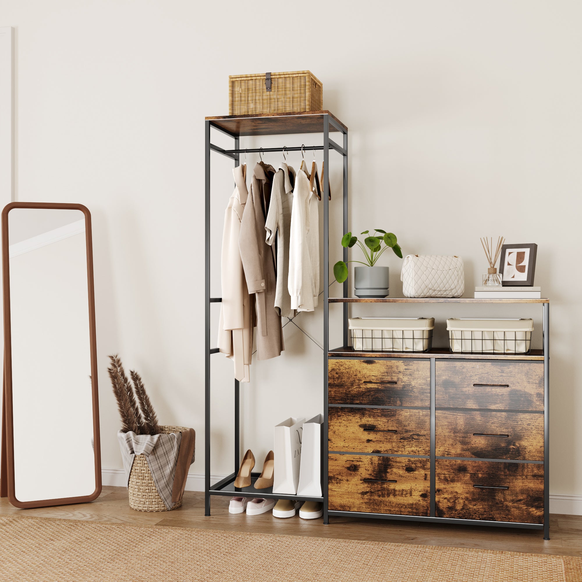 Dresser with Hanging Rack & 6 Drawers with LED Lights, Vanity Table wi –  LLappuil